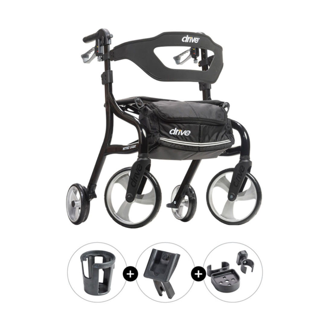 The Drive Nitro® Sprint Rollator with Accessory Bundle is a black and silver lightweight walker with a seat, storage bag, and folds easily. Shown are three included accessories: cup holder, cane holder, and clip attachment.